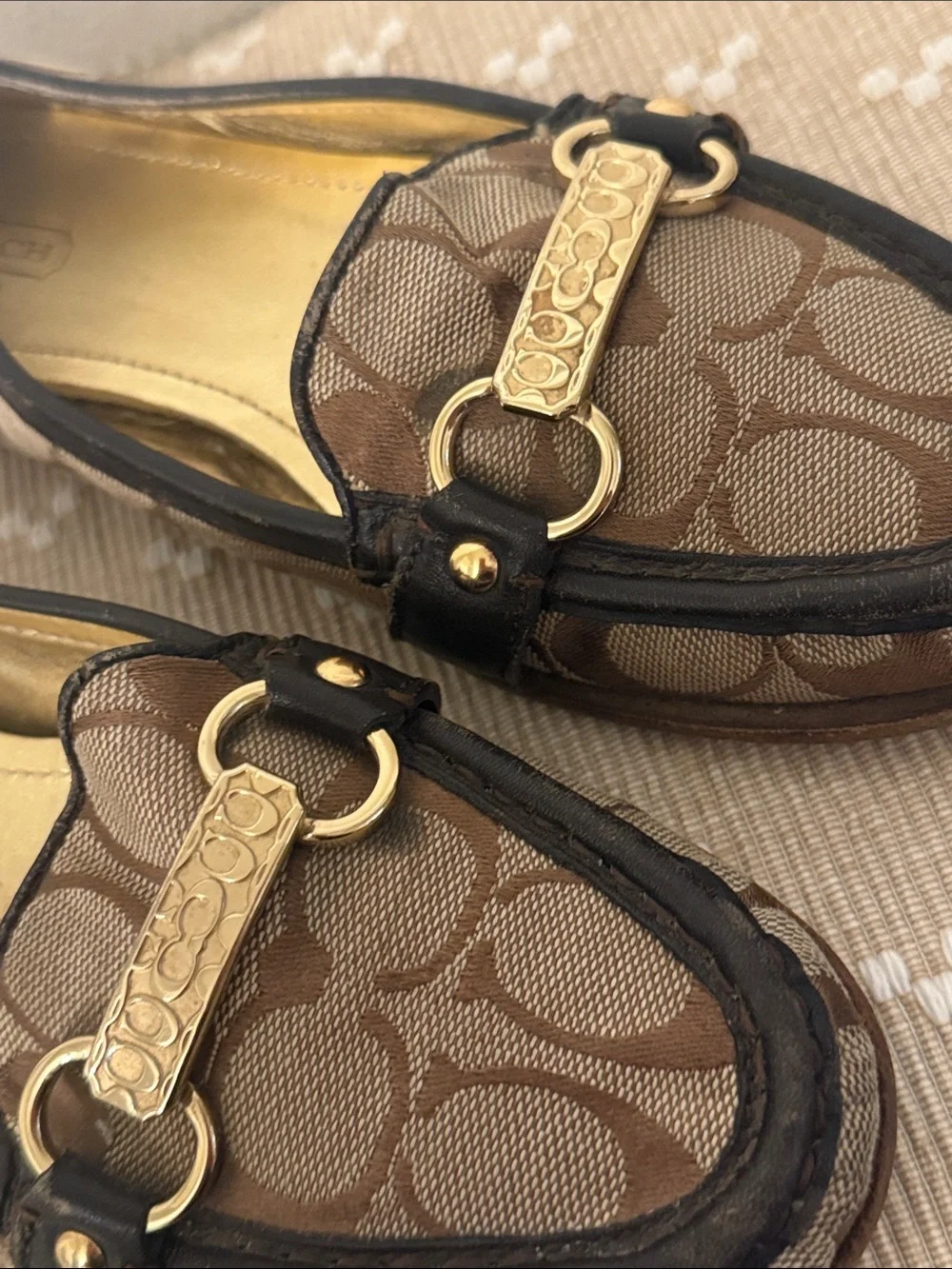 Coach Signature Jacquard Horsebit Loafers Brown Tan Leather Flats Size 7